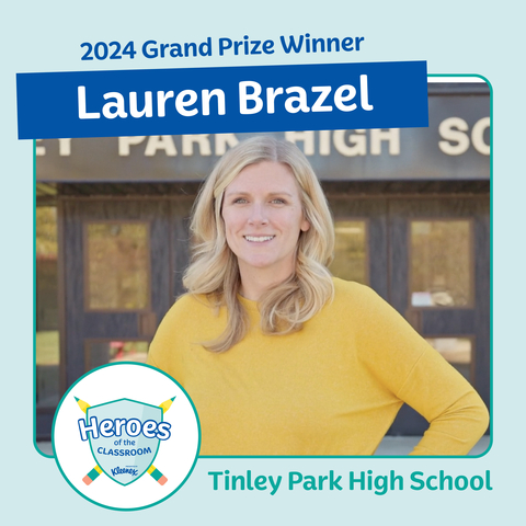 Lauren Brazel of Tinley Park High School wins the Grand Prize of the Kleenex® Heroes of the Classroom program. She wins <money>$5,000</money> for her, and <money>$5,000</money> and a year’s supply of Kleenex for her school. Learn more about Lauren’s inspiring story at HeroesoftheClassroom.com. (Photo: Business Wire)